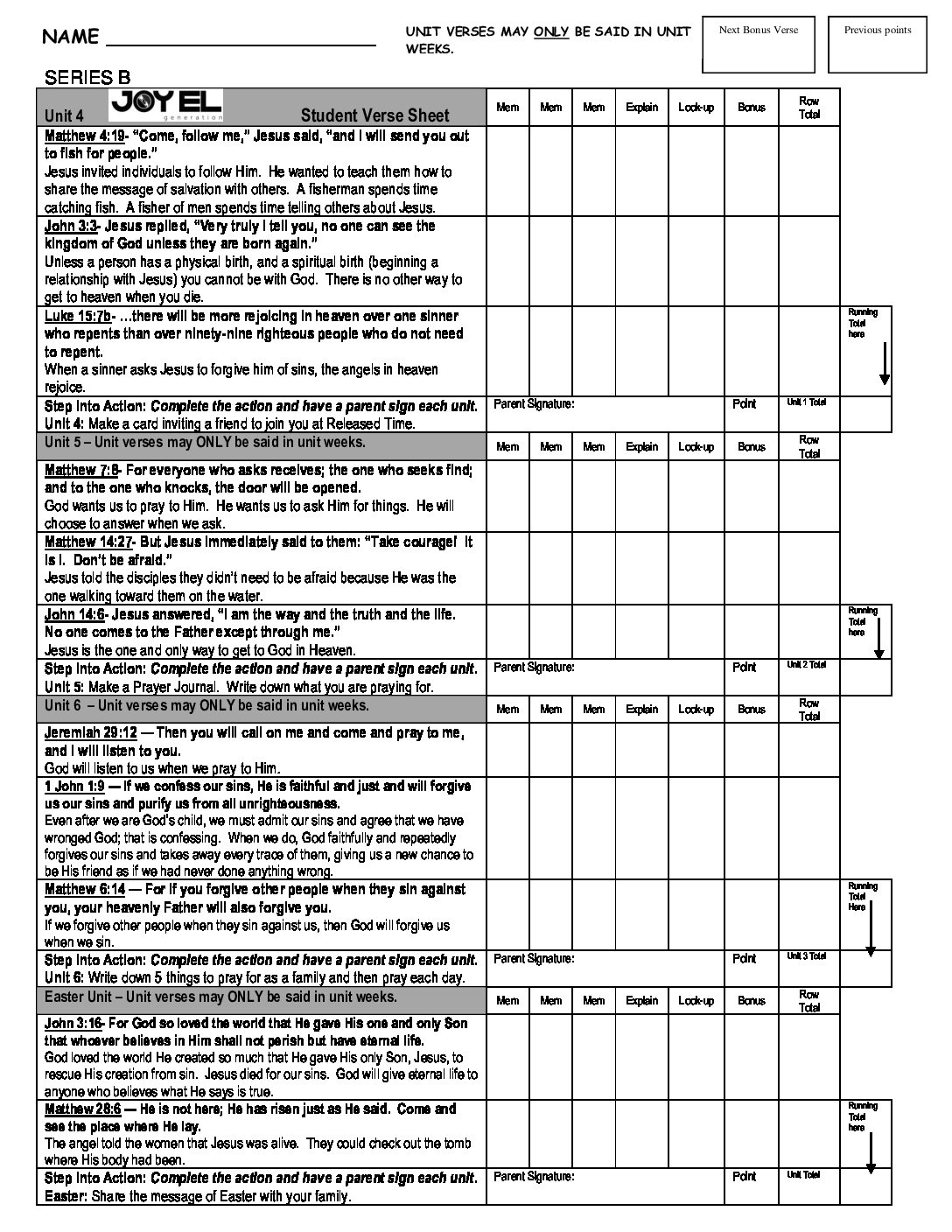 Student verse sheet 2nd half Joy El Generation